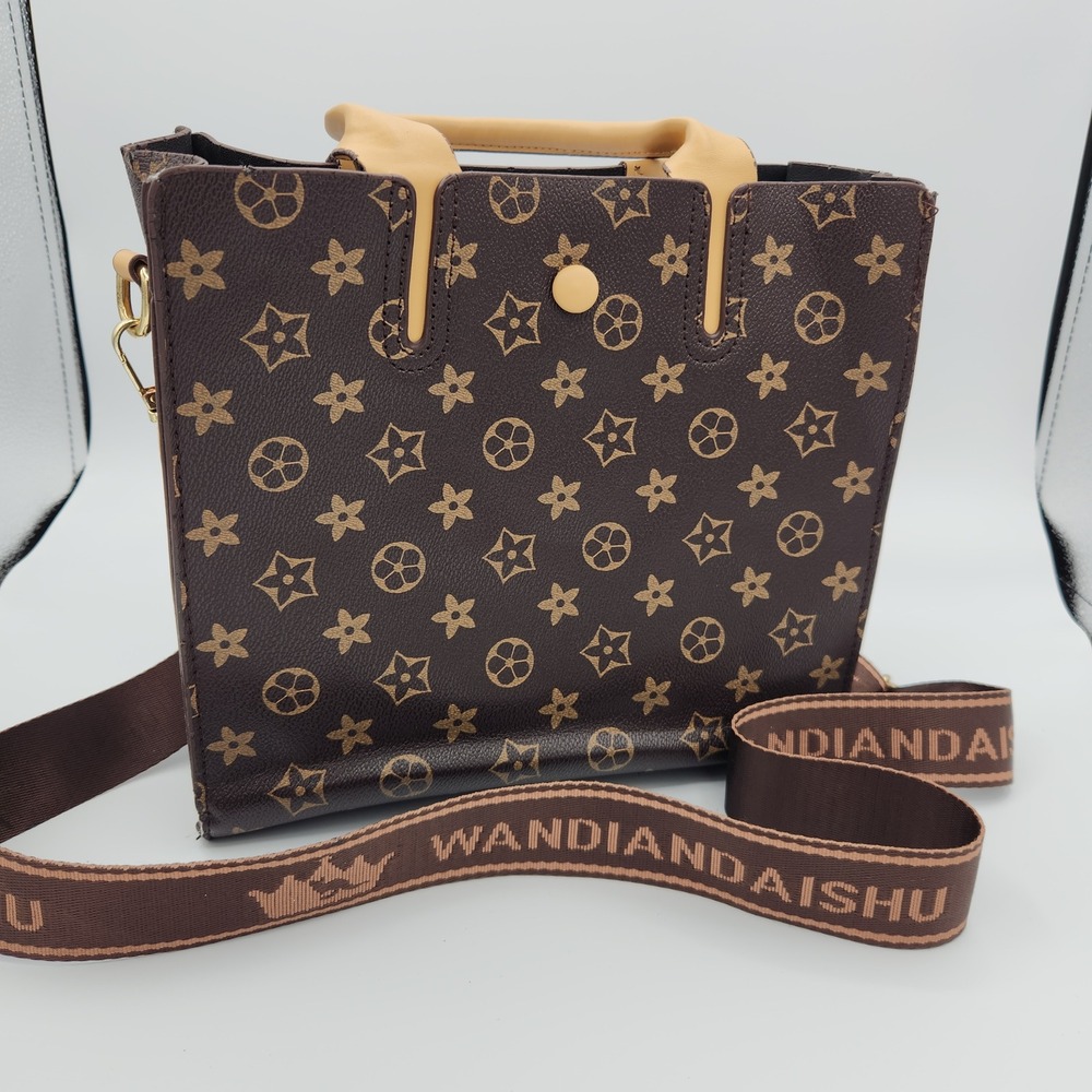 Wandian Daishu Tote Bag Brown Printed Zip Pocket Double Handle Crossbody Strap‎